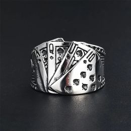 Lucky Poker Flush Ring Men Women Silver Color 14K White Gold Punk Biker Ring Hip Hop Playing Card Ring Magician Jewelry