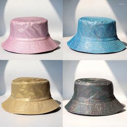 Berets 2024 Laser Coloured Fisherman's Hat For Men Women Bright Leather Bucket Both Sides Can Wear Sunshade Fashion