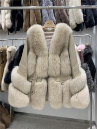 Maylofuer Women Real Fox Fur Coat Genuine Sheepskin Leather Jacket Long Sleeve 100% Natural Fox Fur Coats with Detachable Collar 201212