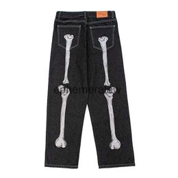 Men's Jeans American Retro Gothic Street Popular Skeleton Bone Embodied Jeans Women Y2K Harajuku Punk Hip-hop Loose Straight Casual Jeansephemeralew