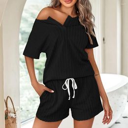 Women's Sleepwear 2 Piece Lounge Sets Women Casual Style V Neck Pyjamas Solid Colour Ribbed Knit Tops Shorts With Pockets Daily Outfit