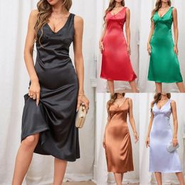 Casual Dresses Sexy Backless Pure Color Imitation Silk Slim Dress Banquet Vest Long Denim For Women Summer