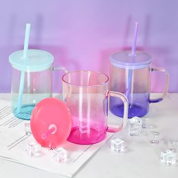 New Arrival! 17oz Graduately Colourful Sublimation Glass Mugs with Handle 6 Colours Clear Blank Reusable Tumbler With BPA Free Colourful Lids And Straws LG36