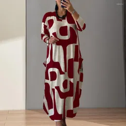 Casual Dresses Women Retro Dress Round Neck Loose Fit Printed Long Sleeve Maxi With Pockets For A-line Ankle Length