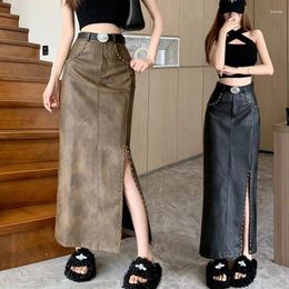 Skirts Heavy Industry Rivet Sexy Spicy Girl PU Leather Skirt For Women Autumn Fashion High Waist Slim Mid Length Split Long