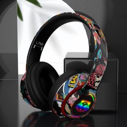 Headphones Graffiti Headphones Bluetooth 5.1 DJ Headset Wireless Gamer with Mic RGB LED Light For Kids PC Gamer Earphone Support TF Card