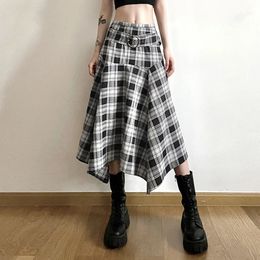 Irregular Design Long Umbrella Skirts Women Plaid High Waist Side Slit Skirt Retro Bottoms Gothic Harajuku Clothing 240112