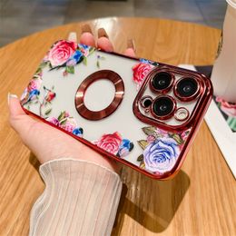 For iPhone 15 Pro Max Luxury Plating Frame Rose Flower Transparent Phone Cases For iPhone 11 12 13 14 Plus with Lens Protective Back Cover 200pcs