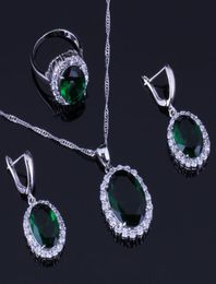 Charming Oval Egg Green Cubic Zirconia White CZ 925 Sterling Silver Jewellery Sets For Women Earrings Pendant Chain Ring V02859336849