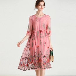 Party Dresses Spring Womens Plus Size Chiffon Embroidery Mid Sleeve Loose Casual O Neck Flare Elegant Dress High Quality