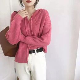 Women's Knits Womans Sweater Cardigan Autumn/winter Hooded Knitting Solid Colour Single Breasted Sale Ladies Tops Drop LYY3029