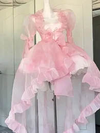 Casual Dresses Women Organza Chic Pink Asymmetrical Dress Vintage Summer Mini Birthday Female Ruffles PartyLady Holiday Puff