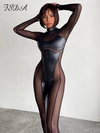 FSDA Mesh PU Leather Women Jumpsuit Sexy Black Long Sleeve Summer Autumn Bodycon Overalls Y2K See Through 240112