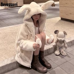 Nerazzurri Spring fluffy jacket with rabbit ears raglan sleeve zipper Oversize light soft harajuku kawaii faux fur hoodie 240112