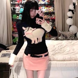 Work Dresses Kawaii Sheep O-neck Long Sleeve Black Lazy Sweater Mujer Y2k E-Girl High Waist Pink Woolen Skirts Autumn Two Piece Sets