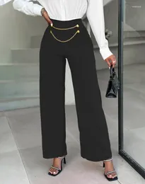 Women's Pants 2024 Spring Women Causal Work Trousers Solid Colour Chain Decor High Waist Wide Leg Fashion Office Lady Elegant Loose