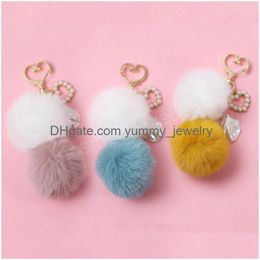 P Fake Fur Double Pompom Keychains For Women Girls Imitation Pearls Key Chain Keyrings Car Bag Pendant Charms Accessories Drop Delive Dhqba