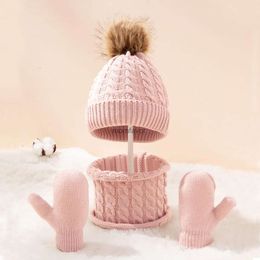 New Caps Hats Winter 3PCS Baby Hats With Scarf Knitted Acrylic Fashion Solid Color Hat For Kids Boy Girl Infant Hairball Warm Bonnet Scarf Set