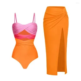 Women's Swimwear Fashion Color Blocking One-Piece Swimsuit 2024 Solid Elegant Luxury Bikini Skirt Summer Holiday Beachwear