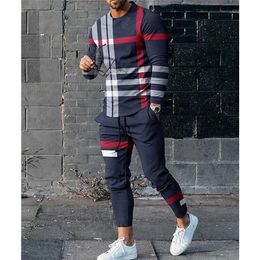 Tracksuit 2 Piece Set Men Oversized Striped Jogging Suit 3D Long Sleeved Sweatshirt T Shirt Trousers Outfit Casual Streetwear 240112