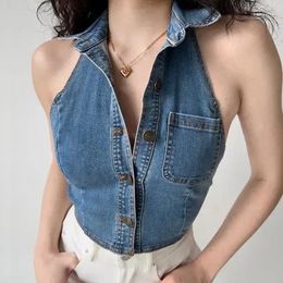 Women's T Shirts 2024 Vintage Sexy Fit Thin Fashion Casual Denim Tank Top Solid Color Polo Sleeveless Short Summer E180