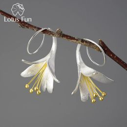 Lotus Fun Unusual Big Elegant Fashion Flower Dangle Earrings for Women Real 925 Sterling Silver Statement Luxury Fine Jewellery 240113