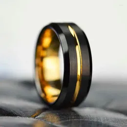 Wedding Rings Fashion 8MM Men Stainless Steel Gold Colour Groove Black Brushed Engagement For Women Anniversary Jewellery