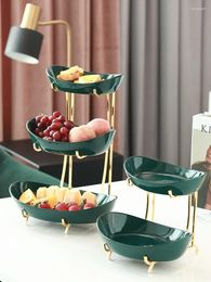 Plates Ceramic Dark Green Fruit Bowl Creative Double-layer Metal Rack Snack Tray Living Room Dining Table Tabletop Display Crafts