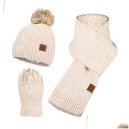Hats Scarves Gloves Sets Design Fashion Winter Knitted Scarf Hat Set Thick Warm Sklies Beanies Hats For Women Outdoor Snow Riding Dhtp8