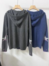 Women's Knits Grey Or Blue Sweater Coat Stars Zipper Cashmere Long Sleeve Casual Female Drawstring Cardigan 2024 Autumn