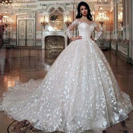 Spetsboll klänning prinsessa bröllopsklänningar domstol tåg långa ärmar skopa hals elegant romantiska brudklänningar anpassa mantel de marie 2024 s