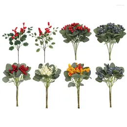 Decorative Flowers Artificial Green Plants Bouquet Blueberry Eucalyptus Leaves Simulation Plant Fake Red Fruit Living Room Decoration