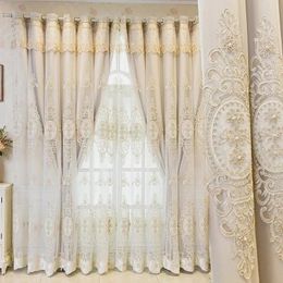 Luxury Embossed Embroidered Double Layer Curtain for Living Room Blackout 3D Floral Pearl Sheer Tulle Bedroom Decor Custom lace 240113