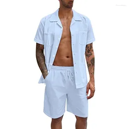 Men's Tracksuits Summer Lapel Button Shirts&Drawstring Shorts Set Casual Solid Cotton Linen Tow Piece Tracksuit Men Clothing Beach Loose