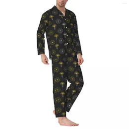 Men's Sleepwear Dandelion Print Pajamas Set Yellow Black Lovely Unisex Long Sleeve Loose Room 2 Piece Nightwear Large Size