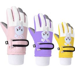 Children Ski Gloves Cartoon Bunny Windproof Boys Girls Snow Five-Finger Glove Thicken Warm Winter Mittens Kids Accessories 4-12Y 240112