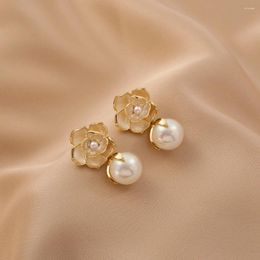 Dangle Earrings White Camellia Flowers Shape Gold Color 925 Silver Pearl Stud Ear Drop Pendant Vintage Style Fashion Women Chic Jewelry