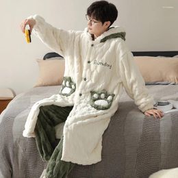 Men's Sleepwear Winter Warm Pajamas Sets Thick Cute Pockets Nightgown Long Sleeve Robe Pants Large Size