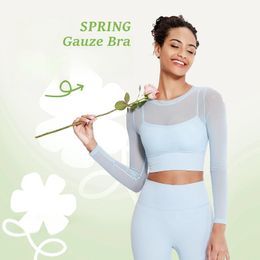 Sexy Mesh Round Neck Yoga Tops Long Sleeve Running QuickDrying Gym Top Shockproof Gauze Breathable Sports Bra Crop 240113