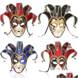 Party Masks Fl Face Men Women Venetian Theater Jester Joker Masquerade Mask With Bells Mardi Gras Ball Halloween Cosplay Costume 4 Dr Dhzxj