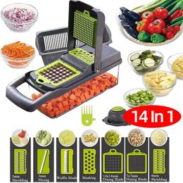 14 In 1 Multifunctional Vegetable Cutter Shredders Slicer With Basket Fruit Potato Onion Chopper Carrot Grater Slicer Mandoline 240113