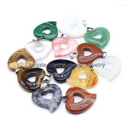 Pendant Necklaces 5 Pcs Peach Heart Shape Random Healing Crystal Stone Hollow Pendants Agate Charms For Making Jewellery Necklace Gift Dh9Ta