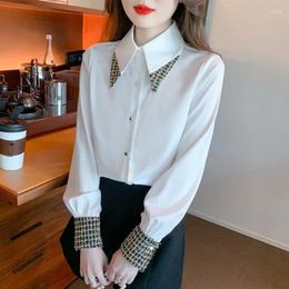 Women's Blouses Chiffon Shirts Solid Patchwork Loose Casual Polo-neck Ladies Clothing Fashion Long Sleeves Women Tops YCMYUNYAN