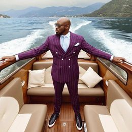 Men's Suits Purple Pinstripe Men Peaked Lapel Double Breasted Business Travel Suit Blazer Sets Wedding Party Wear 2 Piece Jacket Pants