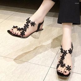 Sandals 2024 High Quality Shoes Female Elastic Band Women's Square Toe Solid Rhinestones Transparent Chunky Heels Women