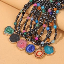 Pendant Necklaces Wholesale Natural Agate Slice Bohemian Hematites Beads Healing Reiki Yoga Necklace Men Women Jewellery