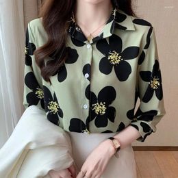 Women's Blouses Autumn 2024 Lolita Style Printed Long Sleeve Shirt Fashion Thin Satin Girl's Top Floral Pattern Lantern