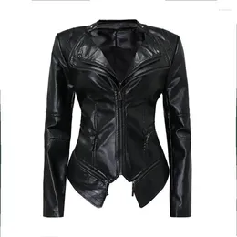 Women's Leather Purchase High-quality PU Washed Waistband Fitted Rivets Gothic Black Jacket With Zipper Motorcycle