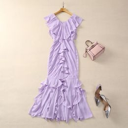 2024 Spring Pure Color Panelled Dress Purple Sleeveless V-Neck Long Maxi Casual Dresses A3J101744