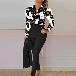 Women's Two Piece Pants 2Pcs/Set Shirt Suit Print Single-breasted Stand Collar Cardigan High Waist Pockets Formal OL Commute Lady Top